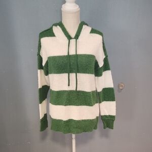 No Commet Green & White Striped Hooded Acrylic Blend Chunky Slouchy Sweater